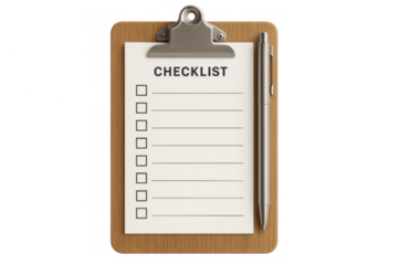 Checklist on a wooden clipboard with empty boxes, adding a pen, representing task management and planning