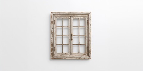 Fototapeta premium Old wooden window frame on white background used as a rustic decor element, texture and aged material