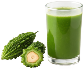 Vibrant, freshly squeezed, deep green bitter melon juice sits in a tall, clear glass tumbler alongside three whole, spiky, dark green bitter melons, one halved, isolated on transparent background.
