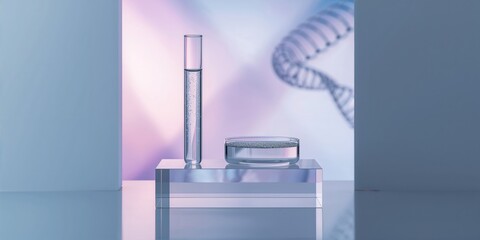 Test tube, petri dish, and laboratory glassware on a transparent podium, experimental procedures and safety protocols