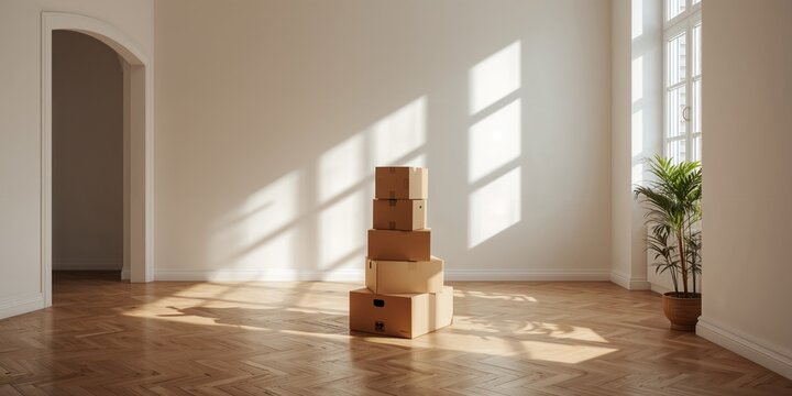 Household moving boxes stacked for storage, focusing on organization and space efficiency, interior setup, no holiday observed