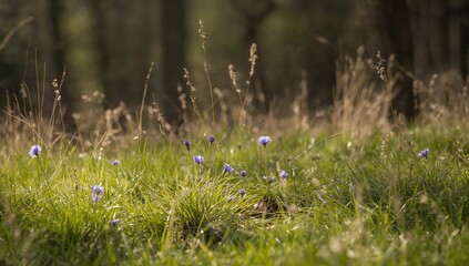Naklejka premium Slope covered with blue flowers offers a vibrant natural background for nature scenes, Earth Day observance