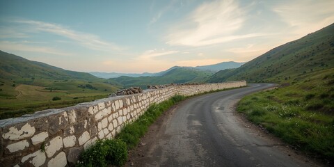 Obraz premium White stone walls and rural stone road during a chilly dawn, highlighting seasonal transition in a southern Peruvian valley