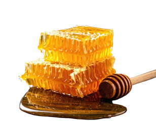 Close-up of layered honeycomb and wooden dipper, dripping liquid on a black surface