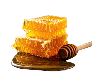 Close-up of layered honeycomb and wooden dipper, dripping liquid on a black surface