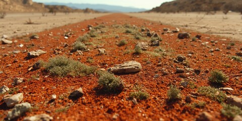 Obraz premium Red soil and rocky ground with minimal moss, ideal for outdoor layout or garden setting