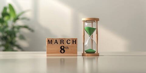 Artistic wooden date cube and hourglass with green sand illustrating the flow of time, linked to International Women's Day