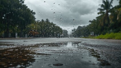 Obraz premium Public park during heavy rain with water spray and ripples in puddles, highlighting climate impact, Earth Day