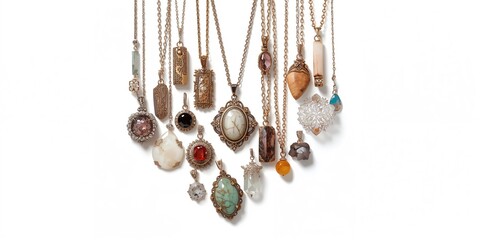 Set of various pendants and necklaces on a white background, jewelry design and craftsmanship, no specific occasion