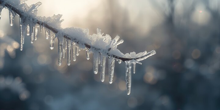 Frozen branch with ice layer and icicle, illustrating sub-zero temperatures, macro photography, winter weather