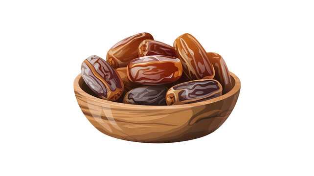 A wooden bowl filled with several dates isolated on transparent background
