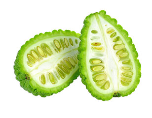 A vibrant, cross-section of a segmented fruit, showcasing its interior flesh and seeds