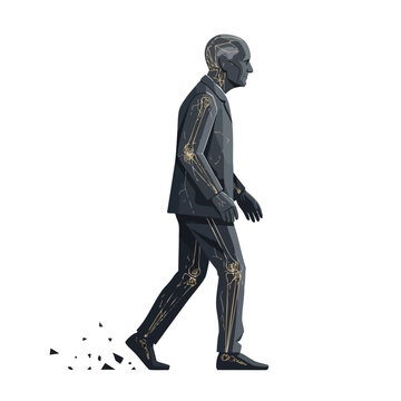 An elderly man in a suit walks with his skeletal structure visible, fragments breaking away from his feet.