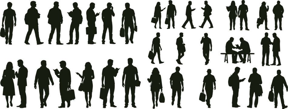 Black silhouettes of diverse people in urban settings, standing, walking, and sitting