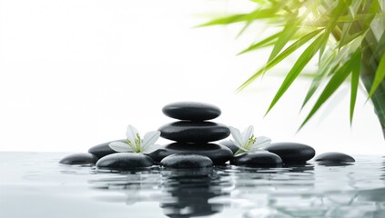 Relaxing spa stones organized in a still life composition, used as a background for wellness and spa layout design
