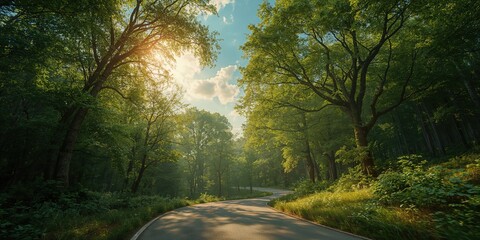 Naklejka premium Summer scene of a forest path with dense trees and overcast sky, highlighting seasonal vegetation and landscape preservation