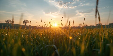 Naklejka premium Sunset scene highlighting grass blades with warm lighting, suitable for background use