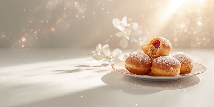 Jewish holiday Hanukkah, traditional doughnuts dusted with icing sugar and filled with jam, celebrating seasonal cuisine