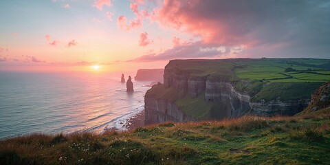 Naklejka premium Scenic view of Normandys countryside with agricultural land and coastal cliffs, ideal for editorial header backgrounds, Earth Day
