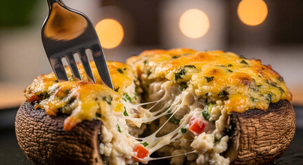 A fork piercing a stuffed mushroom with melted cheese and herbs on a plate