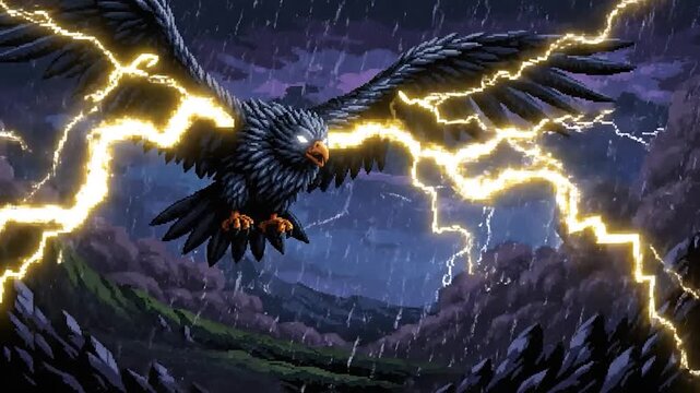 A pixelated eagle soars through a stormy night sky, illuminated by a vivid lightning strike