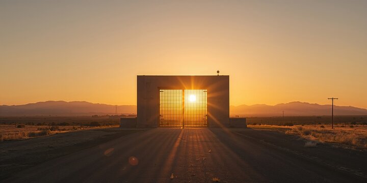 Main gate of Los Alamos site, highlighting historical architecture and security features, World Heritage Day