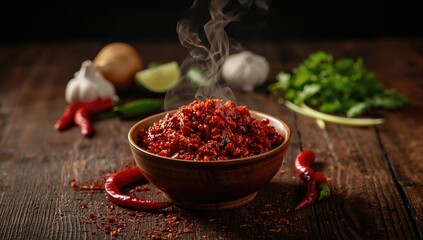 Indonesian spicy red chili sambal used as a flavorful condiment in cuisine, highlighting heat and piquancy