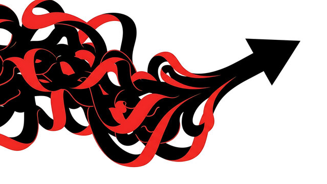 Complex intertwined lines morphing into a clear, focused arrow, symbolizing progress and overcoming challenges effectively