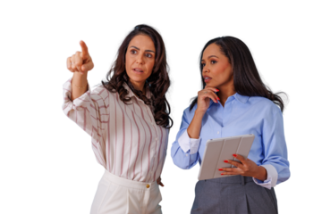Businesswomen discussing during meeting, one woman pointing, other holding tablet, collaborating on new project, transparent background