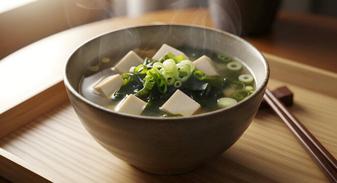 A bowl of steaming hot miso soup with tofu and seaweed on a wooden tray with chopsticks