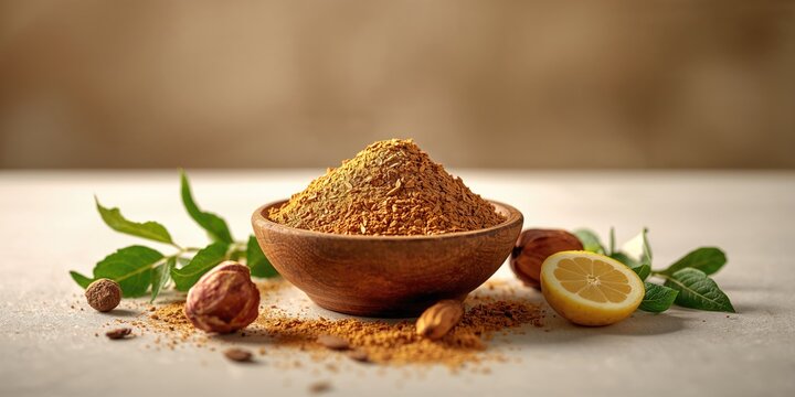 Herbal hair treatment ingredients with dried shikakai and reetha powders, emphasizing traditional plant-based hair cleansing