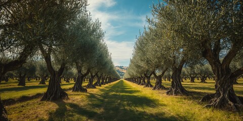 Naklejka premium Olive grove landscape in Alentejo, highlighting agricultural maintenance during harvest season for World Agriculture Day