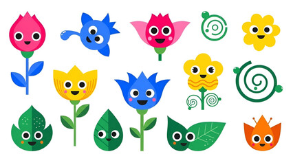 Fototapeta premium Cute cartoon flowers and leaves with faces