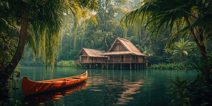Wooden stilt house positioned beside a river, designed for flood resilience and seasonal changes