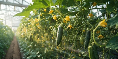 Cluster of cucumber plant components including vegetables, leaves, and stems in the greenhouse, highlighting agricultural practices