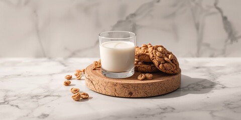 Glass of milk and cereal cookies displayed on a cork stand against marble, breakfast presentation