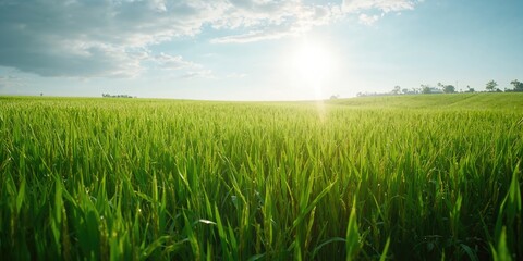 Naklejka premium Lush green rice paddies serving as a backdrop in landscape design, focused on agricultural aesthetics