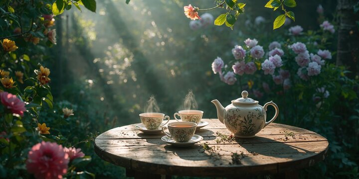 Tea time in garden featuring a peaceful outdoor setting, ideal for editorial header background