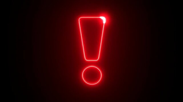 Pulsating neon exclamation mark animation  vibrant red symbol on black background