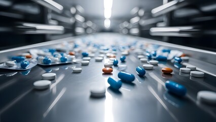 Obraz premium Assorted Medical Pills and Capsules on an Automated Pharmaceutical Production Line
