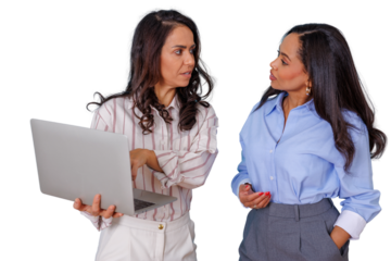 Professional businesswomen discussing project strategy with laptop on transparent background