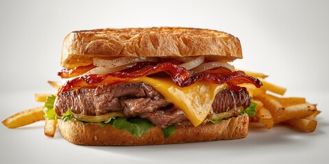 Juicy steak sandwich featuring tender meat, melted cheese, and crispy bacon on toasted bread, highlighting indulgence, food presentation, World Food Day