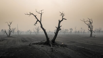 Charred tree remains from wildfire aftermath, forest fire damage and landscape change, World Forest Day