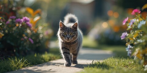 Gray feline strolling through the garden, highlighting animal activity in a natural setting