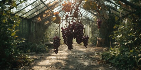 Fototapeta premium Withered grapes in a neglected greenhouse, demonstrating impact of drought on crop health