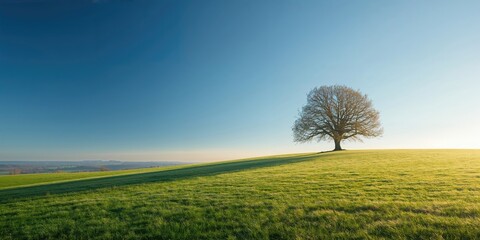 Naklejka premium Sunny meadow on a hill in winter, seasonal change sunlight and snow cover
