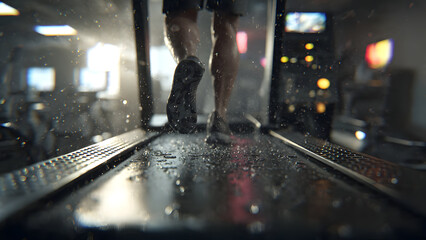 Ultra-realistic scene of a runner on a treadmill indoors, digital console glowing, blurred feet, sweat droplets, modern gym environment