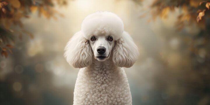 White royal poodle standing on a clean surface for breed identification or grooming showcase, breed focus