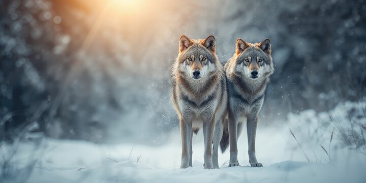 Pair of wolves observing each other in a forest environment, symbolizing predator and prey dynamics, Earth Day - Powered by Adobe