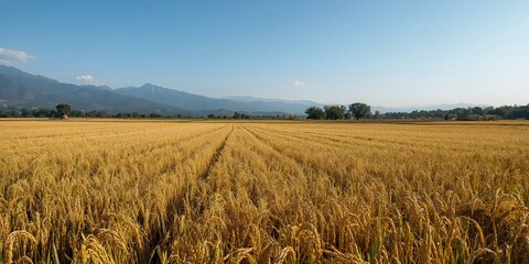 Naklejka premium Rice stubble after harvest set against mountain scenery, agricultural cycles